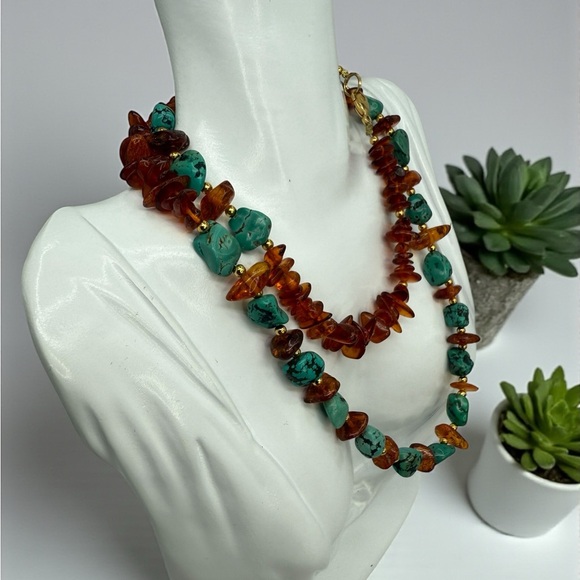 Vintage Baltic Amber & Turquoise Nugget BeadedNecklace 28” 39.6g